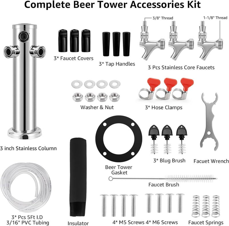 MRbrew Kegerator Tower Beer Tap Tower Dispenser 3 Faucet Beer Tower Draft Beer Dispenser Stainless Steel Keg Tap Tower 3'' Keg Tower Pre-assembled Line Beer Faucet Dispenser Kit For Home, Bar,Party - Image 2